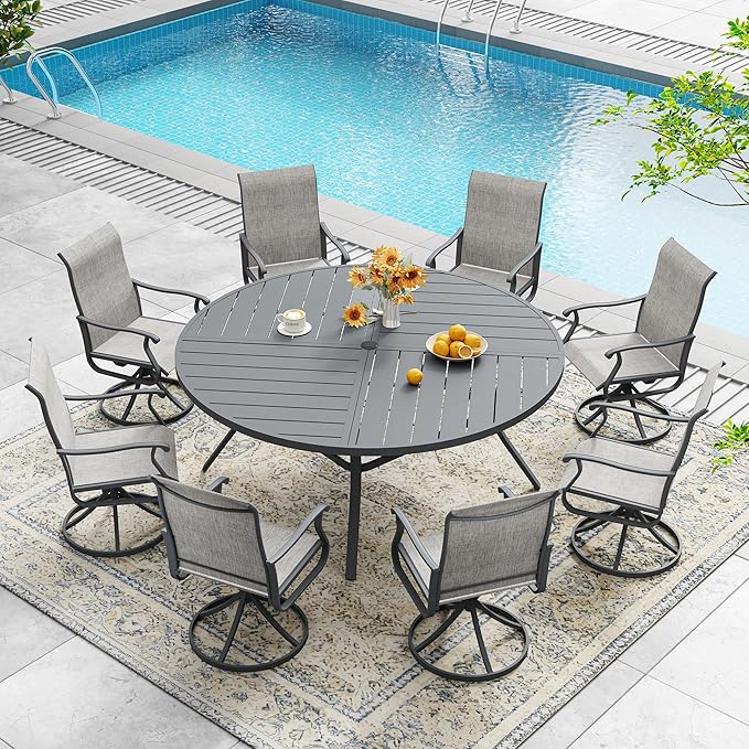 DIFY 59.8" Round Outdoor Patio Dining Table for 8-10, All-Weather Metal Steel Slatted Patio Table with 1.57" Adjustable Umbrella Hole, for Lawn Garden Porch Backyard, Grey