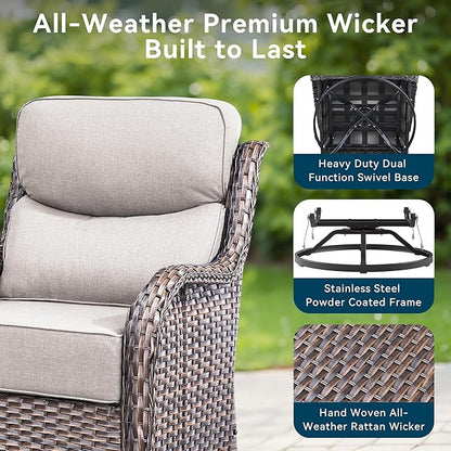 Luxury High Back Outdoor Furniture with 6-Inch Thick Cushions, Patio Furniture Set with Swivel Chairs, 6 PCS Wicker Conversation Set for Porch, Balcony, Deck and Yard