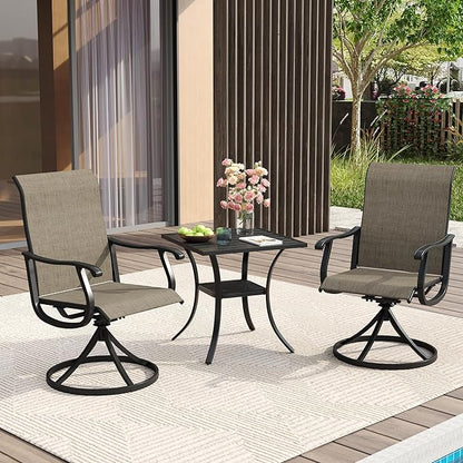VICLLAX 3 Pieces Patio Dining Set Includes 28" Square Small Outdoor Table and 2 Patio Swivel Chairs for Lawn Garden, Black Tabletop and Mixed Brown Fabric