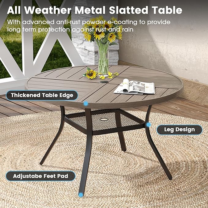 DIFY 5 Pieces Outdoor Patio Dining Set, 4 Sandshell Textilene Swivel Dining Chairs and 40.6" Grey Wood-Like Round Metal Dining Table, Outdoor Table and Chairs