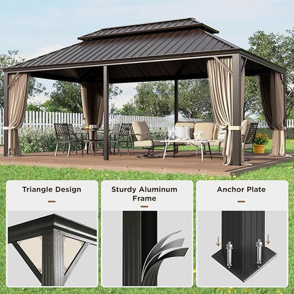 GREEN PARTY 12 X 20ft Hardtop Gazebo with Nettings and Curtains, Heavy Duty Double Roof Galvanized Steel, Outdoor Aluminum Gazebos Pergolas for Patios, Backyard, Deck, Garden, Lawns