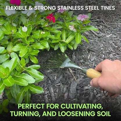 Garden Guru Eco Hand Rake Soil Tiller- 100% Recycled Stainless Steel - Rust Resistant - FSC Certified Wood Ergonomic Handle - Great for Gardening, Loosening Soil & Spreading Mulch - 1 Case (40 Pcs)