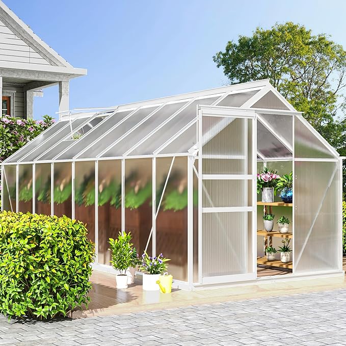 DWVO 6x16FT Polycarbonate Greenhouse Heavy Duty Green Houses Outdoor Aluminum Greenhouses with Sliding Doors Vent Window Walk-in Greenhouse Large Sun House for Garden Backyard, Matte Sliver
