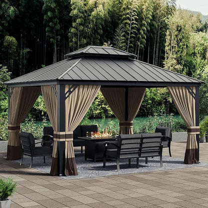 12x14ft Hardtop Gazebo Double Roof, Outdoor Pavilion with 2-Layer Hard top Galvanized Iron Frame Garden Tent, Suitable for courtyards, backyards, Decks, and Grass
