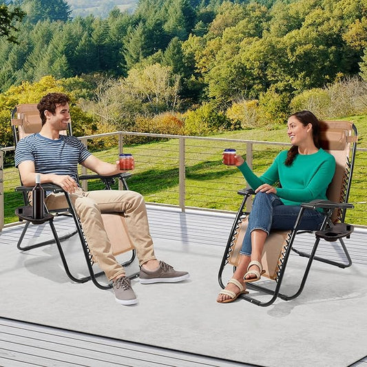 Elevon Zero Gravity Chair with Cup Holder & Removable Pillow, Adjustable Reclining Outdoor Patio Folding Chairs for Adults Portable Lounge Chair Furniture for Poolside, Lawn, Beach, Camping, Beige