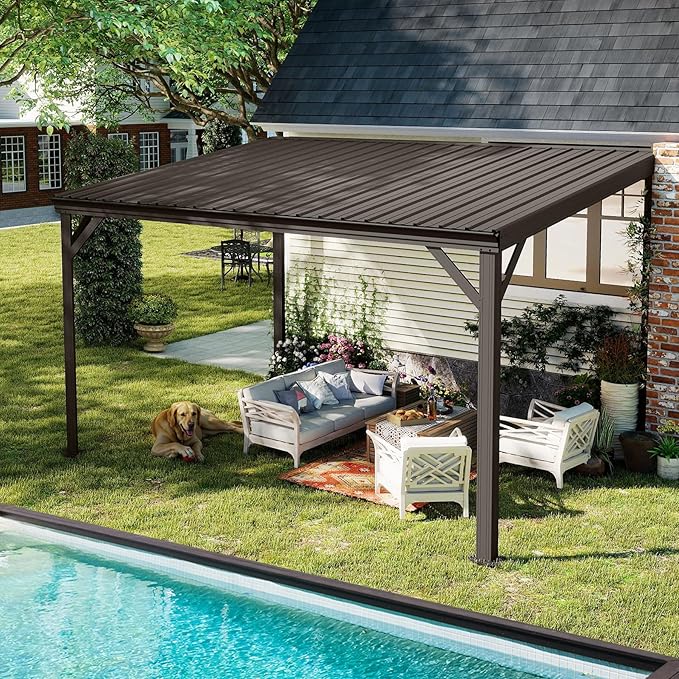 10x12FT Lean to Gazebo, Outdoor Hardtop Wall Mount Gazebo with Gutter & Sloping Galvanized Steel Roof, Metal Hard Top Awnings for Deck, Porch, Backyard-Brown