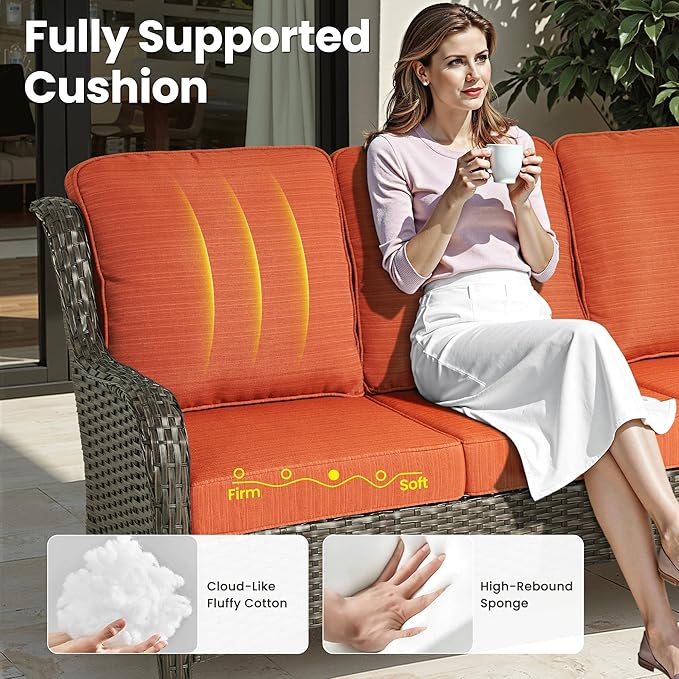 ovios 5 Pieces Patio Furniture Set, Outdoor Wicker Sofa Couch with Swivel Chairs 42" Fire Pit Table, High Back All Weather Modern Conversation Sets, Brown Rattan, Orange Red