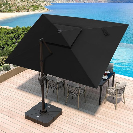 JZAC & QZYD 10 X 13 FT Cantilever Patio Umbrella with Base Included Outdoor Rectangle Offset Large Heavy Duty Double Top Umbrellas with 360° Rotation for Deck Backyard Garden, Black