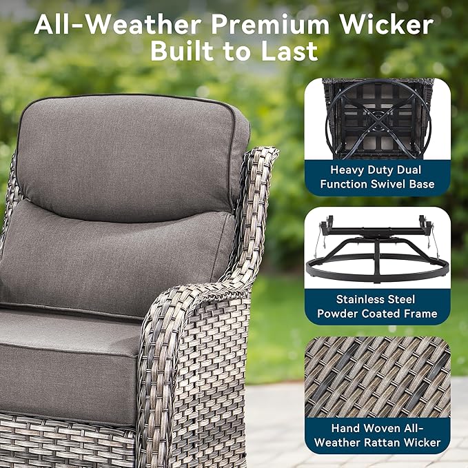 Luxury High Back Outdoor Swivel Rocker Patio Chairs with Side Table & 6-Inch Thick Cushions, 2 Pieces Patio Furniture Set for Porch, Balcony, Deck and Yard