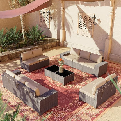 Outdoor Patio Furniture Set, 12 Pieces Outdoor Furniture All Weather Patio Sectional Sofa PE Wicker Modular Conversation Sets with Coffee Table,10 Chairs & Seat ClipsBrown.