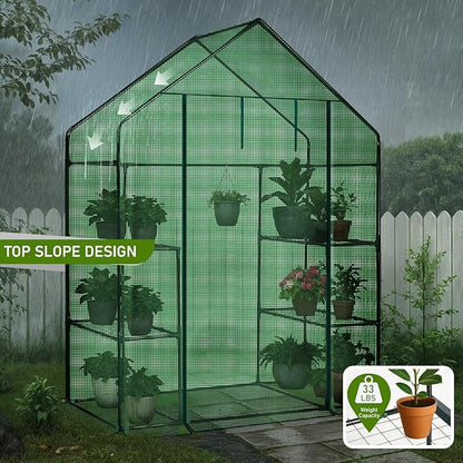 Outvita Walk-in Greenhouse, Outdoor Durable PE Plant Green House for Frost Protection with 3 Tiers 4 Shelves, Shelf Clips, Roll-up Zipper Door, 56"x29"x77" Green