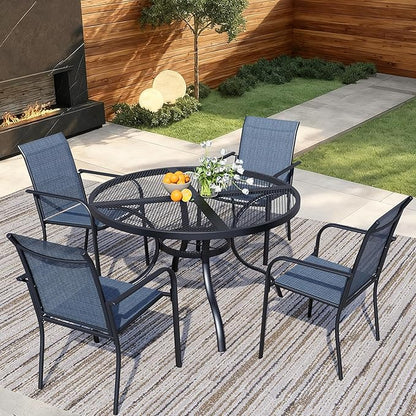 5 Pieces Round Dining Table Set for 4, Patio Dining Set Includes 4 Blue Stackable Patio Chairs and 1 Black Mesh Round Table, Patio Furniture Sets with Sling Support for Outside, Garden