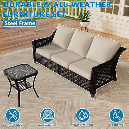 Vista Vibe 4 Pieces Outdoor Patio Conversation Furniture Set - 78" 3-Seat Sofa | 2 Swivel Glider Rocker Chairs | Wicker End Table, Rattan Loveseat, Upholstered Couch, Garden, Deck (Brown/Beige)