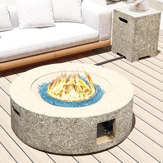 UPHA 42-inch Outdoor Propane Gas Fire Pit Table 50000 BTU Concrete Round FirePit for Outside Patio with Propane Tank Cover, Blue Glass Rocks, Rain Cover, Beige Texture