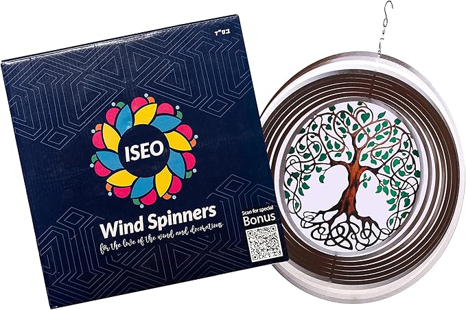 ISEO Tree of Life Wind Spinner for Yard and Garden, Hanging Outdoor Decor, Yard Art, Porch and Patio Decorations, Metal Wind Spinners Outdoor, Weather Resistant, 15”