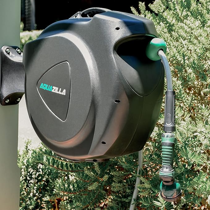 Retractable Garden Hose Reel, 65FT +6FT 5/8" Durable Wall Mounted Water Hose Reel with 180° Swivel Bracket, 9 Pattern Sprayer, 6Ft leader hose,Smooth Automatic Rewind, Any Length Lock.
