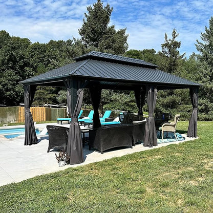 PURPLE LEAF 12' X 20' Patio Hardtop Gazebo Outdoor Pavilion Gazebo with Galvanized Steel Double Roof for Patio Lawn Garden Aluminum with Mosquito Nets and Curtains Grey