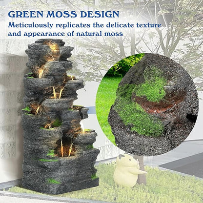 TITIMO 10-Tier Cascading Rock Water Fountain Outdoor Garden Waterfall with Lights,Fountain Indoor Decor for Garden, Patio, Backyard, Deck, Porch and Home Art Decor