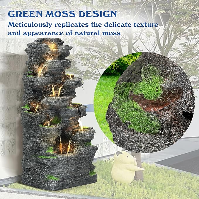 Garden Waterfall Fountain Outdoor - Water Fountains and Waterfalls, Outdoor/Indoor Floor Standing Resin Water Fountain with LED Light for Patio, Garden and Backyard, Deck, Porch, Home (40" H)