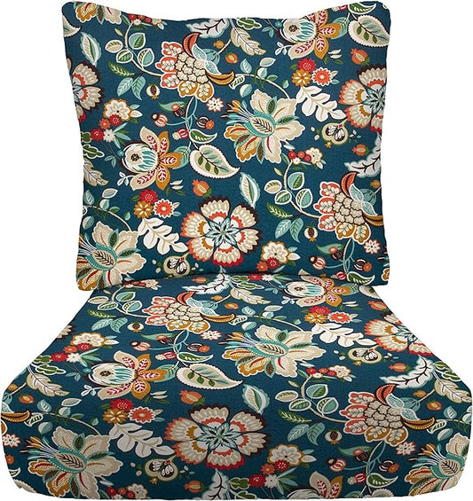 RSH DECOR Deep Seating Cushion with Pillow Back | 23.5” x 25” Seat | Water and Fade-Resistant Spun Fabric | Outdoor Chair Cushion Set for Patio Furniture | Telfair Peacock Blue