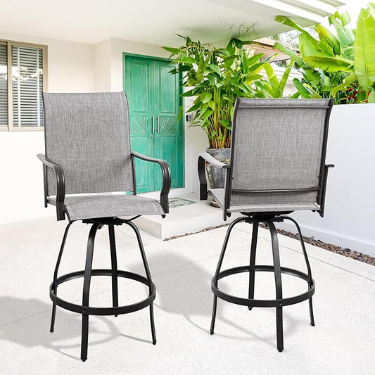 Vongrasig 2 Piece Patio Swivel Bar Chairs, All Weather Metal Textile High Swivel Bar Stools Chairs, Outdoor High Top Bistro Set for Backyard, Lawn Garden, Balcony, Light Grey