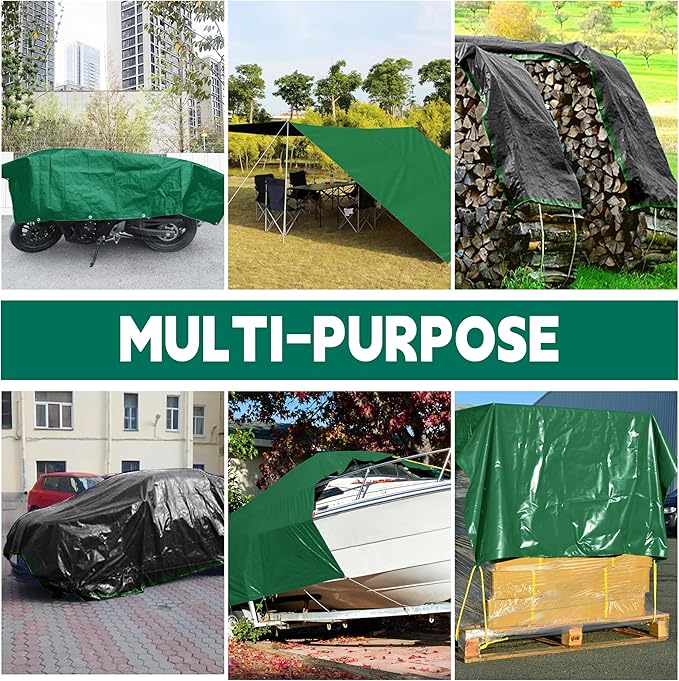 Tarp 6x8 ft Heavy Duty 100% Waterproof 10mil,UV Resistant,Durable Grommets and Reinforced Edges Green/Black Tarp for Camping, Swimming Pools,Car Coverage -by MVPNET
