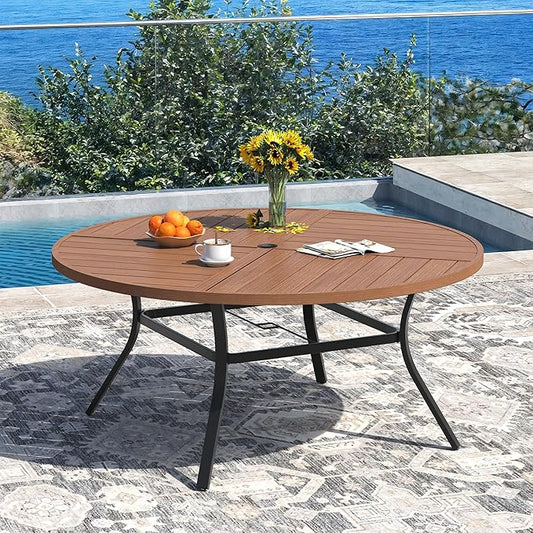 DIFY 59.8" Round Outdoor Patio Dining Table for 8-10, All-Weather Metal Steel Slatted Patio Table with 1.57" Adjustable Umbrella Hole, for Lawn Garden Porch Backyard, Walnut
