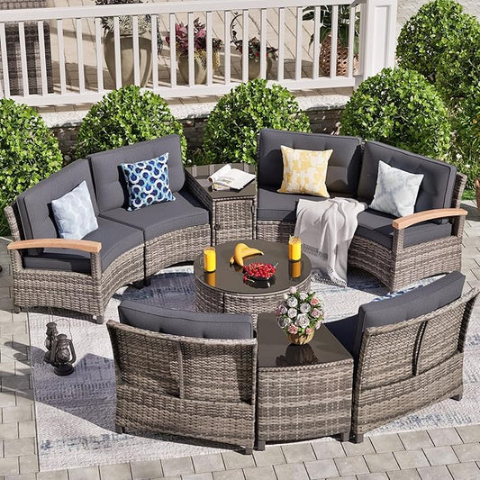 MEISSALIVVE 9 Piece Outdoor Patio Furniture Set, Half-Moon Curved Sectional Sofa Rattan Conversation Set with Wood Armrests, Coffee Table & Side Table（Grey）