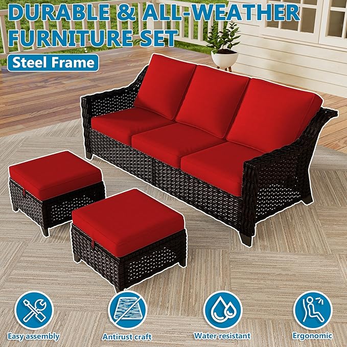Vista Vibe 3 Pieces Outdoor Patio Conversation Furniture Set - 78" 3-seat Sofa | 2 Wicker Ottomans, Deep Seat Loveseat with Removable Cushions, Hand-Woven PE Rattan Couch, Lawn (Brown/Red)