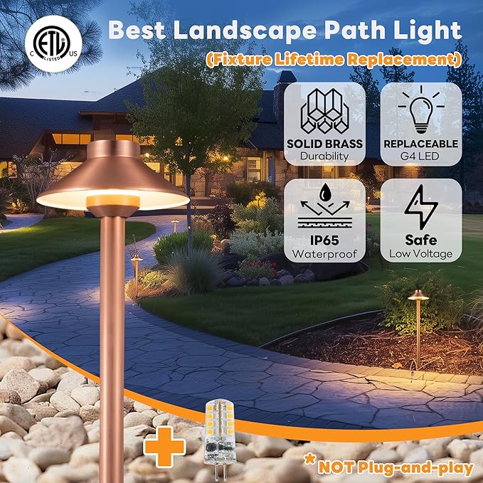 Gardenreet Outdoor Brass Pathway Lights, Low Voltage Landscape Path Light Wired, 12v Walkway Lamp LED Waterproof, Hat-top Copper for Outside Garden Yard Driveway with 3W 270LM 3000K G4 Bulb (4 Pack)