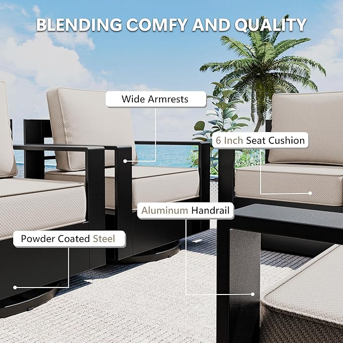 Outdoor Patio Furniture Set, 5-Piece Aluminum Patio Conversation Set All-Weather Metal Outdoor Sectional with 6 Inch Thick Cushions, Deep Setting for Garden, Outside and Porch