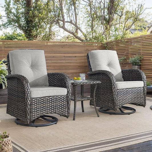 HUMMUH Outdoor Swivel Chairs,3 Pieces Patio Furniture Set with 360 Degree Wicker Swivel Rocking Chairs and Side Table for Garden,Porch,Backyard (Brown/Beige)