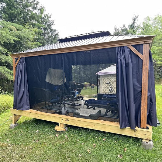 PURPLE LEAF 12' X 16' Outdoor Hardtop Gazebo for Patio Galvanized Steel Double Roof Permanent Canopy Teak Finish Coated Aluminum Frame Pavilion Gazebo with Netting and Navy Blue Curtains