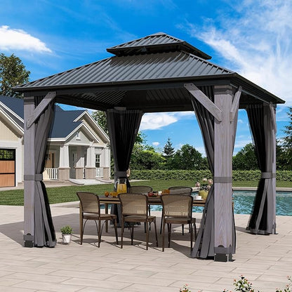 10 x10FT Wood Gazebo,Outdoor Wooden Hardtop Gazebo with Galvanized Steel Doule Roof,Cedar Wood Frame Gazebos with Netting &Curtainfor Patio Backyard Deck