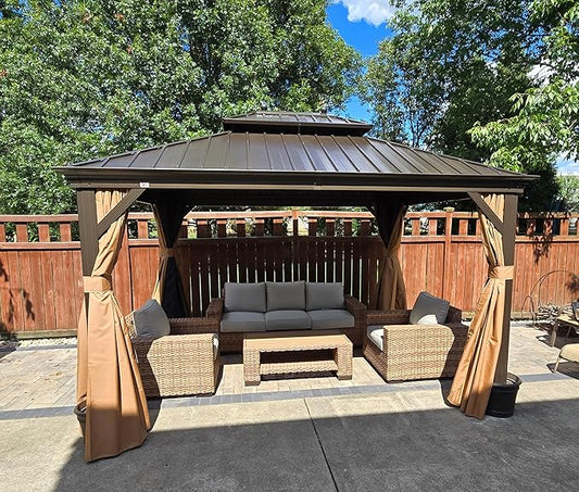 PURPLE LEAF Hardtop Gazebo 10' X 12' Metal Roof with Netting and Curtains Hard Top Backyard Patio Gazebos Permanent Canopy Deck Garden Hot Tub Outdoor Pavilion