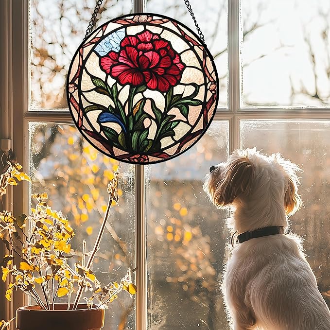 Stained Glass Window Hanging - Red Carnation Birth Flower Sun Catcher for Door Garden Home Decor Suncatcher Christmas Mother's Day Birthday Gifts for Women Men Mom Nana Friend Wife 15 in