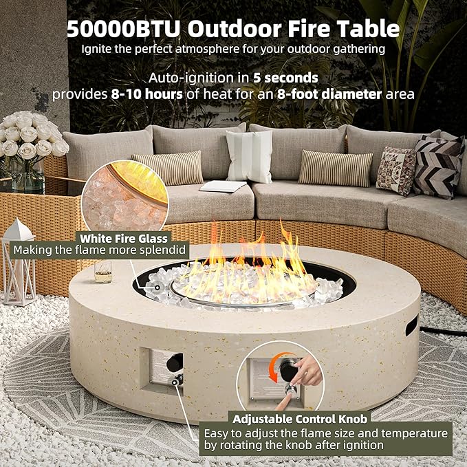 UPHA 42-inch Outdoor Propane Gas Fire Pit Table 50000 BTU Concrete Round FirePit for Outside Patio with Propane Tank Cover, White Glass Rocks, Rain Cover,Beige