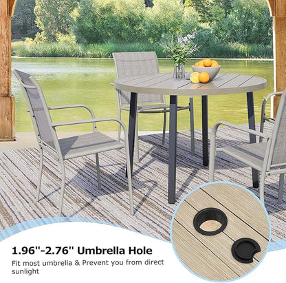 5 Pieces Round Dining Table Set for 4, Patio Dining Set Includes 4 Grey Stackable Patio Chairs and 1 Honey Oak Round Table, Patio Furniture Sets with Sling Support for Outside, Garden