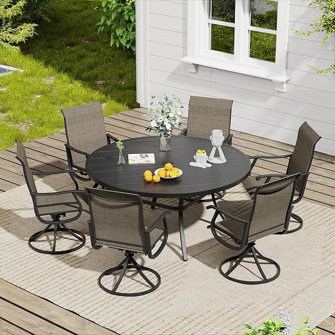 VICLLAX 7 Pieces Outdoor Dining Set, Patio Furniture Set of 6 Patio Swivel Dining Chairs and 50" Patio Round Table, Mixed Brown Chairs & Black Tabletop