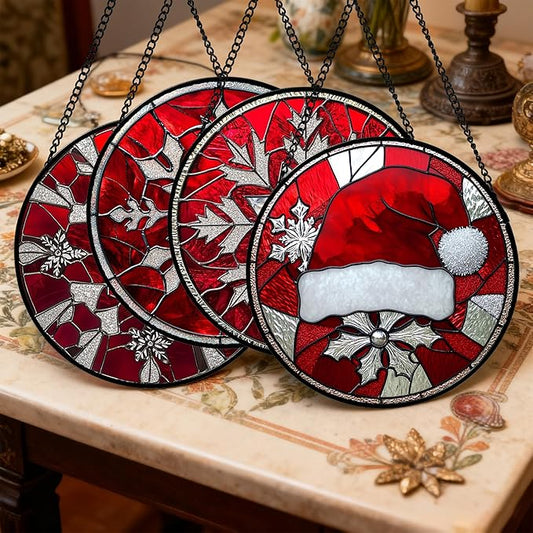 Stained Glass Window Hanging 4 Pcs Set Red Christmas Decorations Theme Large 11.8" - Suncatcher Door Garden Sun Catcher Decor Birthday for Mom Woman Nana Men Friend Wife