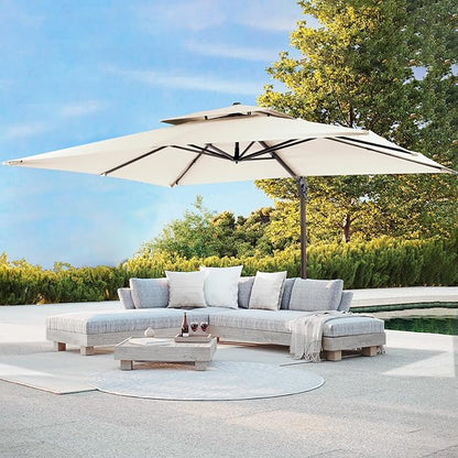 JZAC & QZYD 10 X 13 FT Cantilever Patio Umbrella with Base Included Heavy Duty Rectangle Offset Outdoor Large Double Top Umbrellas with 360° Rotation for Deck Backyard Garden, Beige