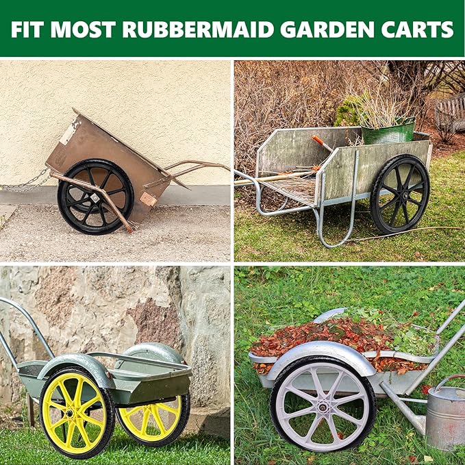 20" Flat Free Tire and Wheel with 3/4" & 5/8" Bearing, Replacement Wheels for Rubbermaid Wheelbarrow,Lawn Carts, Big Wheel Utility Carts and Garden Yard Cart, 2 Pcs Black