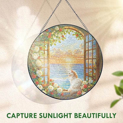 FLAGWIX Christmas Cat Gifts for Women - Stained Glass Window Hanging 10 in - Beach Gifts for Women Mom Grandma, Gift for Cat Lovers, Suncatcher Holiday Christmas Decorations for Home, Coastal Decor