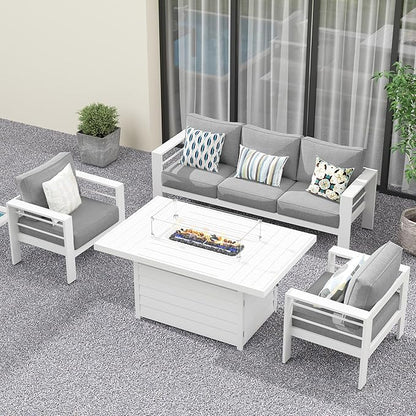 Solaste Aluminum Patio Furniture Set with Fire Pit Table, 4 Piece Metal Outdoor Furniture with Water-Resistant Cushions, Modern Patio Conversation Set for Balcony, Front Porch, and Backyard, White