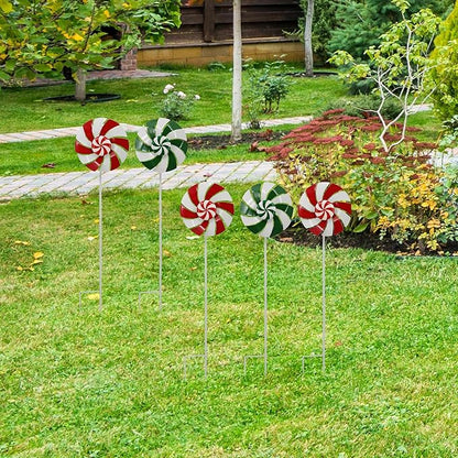 5pcs Wind Spinners Metal Colorful Flowers Garden Stake, Christmas Lollipop Pinwheels, 27" Metal Windmill Yard Art Outside Decorations, Lawn Ornaments Outdoor Garden Décor