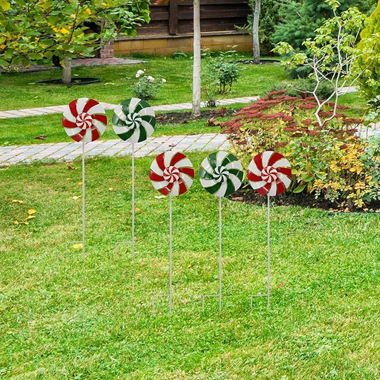 5pcs Wind Spinners Metal Colorful Flowers Garden Stake, Christmas Lollipop Pinwheels, 27" Metal Windmill Yard Art Outside Decorations, Lawn Ornaments Outdoor Garden Décor