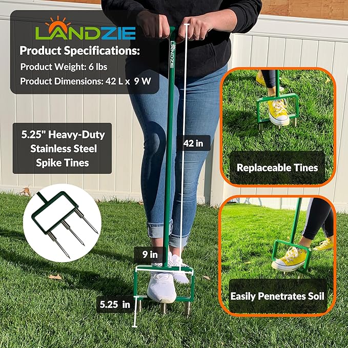 Landzie - The Original Hollow and Spike Tine Lawn Aerator Set - Includes 1 Aerator + Set of 3 Hollow Tines and 3 Spike Tines - 42 Inch Manual Stainless Steel Gardening Hand Tool
