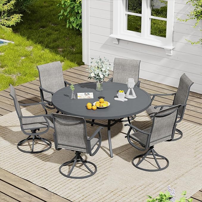 VICLLAX 7 Pieces Outdoor Dining Set, Patio Furniture Set of 6 Patio Swivel Dining Chairs and 50" Patio Round Table, Grey Chairs & Dark Grey Tabletop