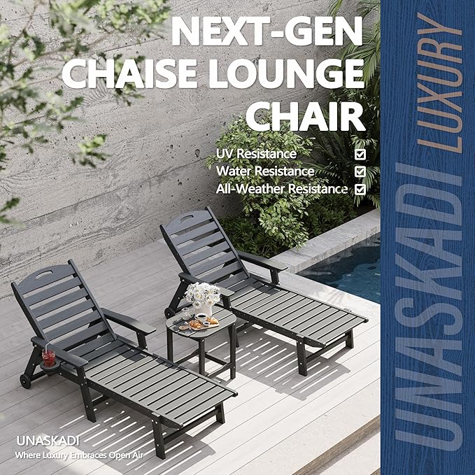 Patio Chaise Lounge Chair Set of 2, HDPE Outdoor Lounge Chairs with 5-Position Adjustable Backrest, Cup Holder and Wheels, 450lbs Capacity for Poolside Deck Backyard, All Weather Material(Gray)