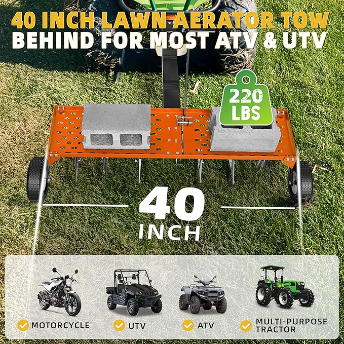 40" Lawn Aerator Tow Behind, Pull Behind Aerator with Universal Hitch, 24 Galvanized Steel Tines, Tray and Pneumatic Tires, Plug Behind Aerator is Suitable for Gardens, Lawns and Farms